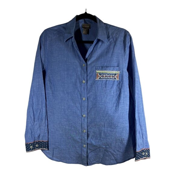 Chico’s Women’s Shirt Chambray Blue Button-Up Pocket‎ Embellished Size 1 / small - Picture 1 of 7